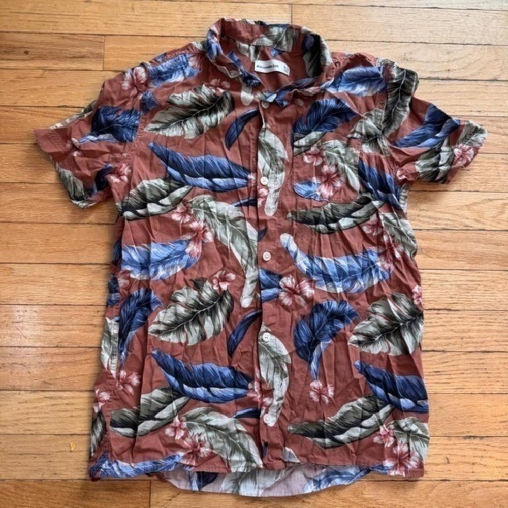 Abercrombie Kids Tropical Leaf Floral Button Up Shirt Rust Blue Size 15/16 XL